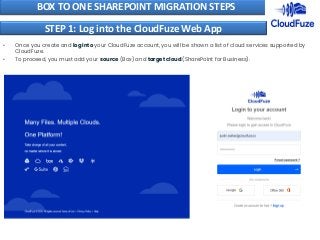 • Once you create and log into your CloudFuze account, you will be shown a list of cloud services supported by
CloudFuze.
• To proceed, you must add your source (Box) and target cloud (SharePoint for Business).
BOX TO ONE SHAREPOINT MIGRATION STEPS
STEP 1: Log into the CloudFuze Web App
 