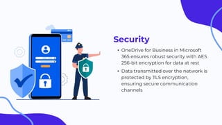 Security
• OneDrive for Business in Microsoft
365 ensures robust security with AES
256-bit encryption for data at rest
• Data transmitted over the network is
protected by TLS encryption,
ensuring secure communication
channels
 