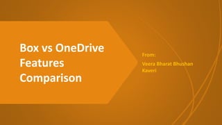 Box vs OneDrive
Features
Comparison
From:
Veera Bharat Bhushan
Kaveri
 