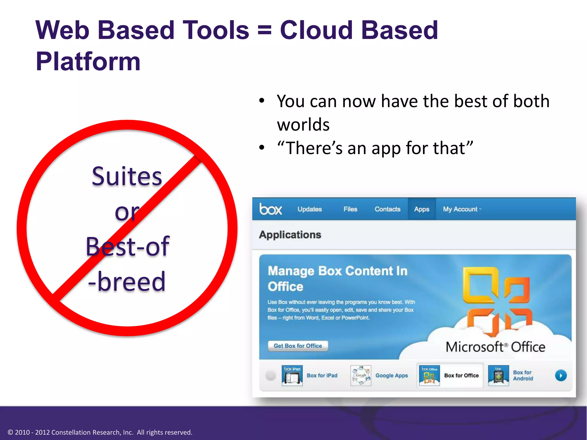 Web Based Tools = Cloud Based
         Platform
                                                                  • You can now have the best of both
                                                                    worlds
                                                                  • “There’s an app for that”
                          Suites
                            or
                          Best-of
                          -breed



© 2010 - 2012 Constellation Research, Inc. All rights reserved.
 