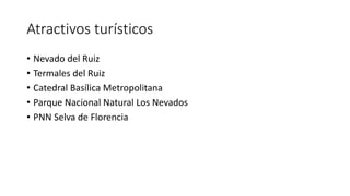 Atractivos turísticos
• Nevado del Ruiz
• Termales del Ruiz
• Catedral Basílica Metropolitana
• Parque Nacional Natural Los Nevados
• PNN Selva de Florencia
 