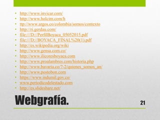 Webgrafía.
• http://www.invicar.com/
• http://www.holcim.com/h
• ttp://www.argos.co/colombia/somos/contexto
• http://ri.gerdau.com/
• file:///D://PerfilBoyaca_05052015.pdf
• file:///D://BOYACA_FINAL%20(1).pdf
• http://es.wikipedia.org/wiki
• http://www.gensa.com.co/
• http://www.ilicoresboyaca.com
• http://www.proalambres.com/historia.php
• http://www.bavaria.co/7-2/quienes_somos_an/
• http://www.postobon.com
• https://www.indumil.gov.co/
• www.periodicodelestado.com
• http://es.slideshare.net/
21
 