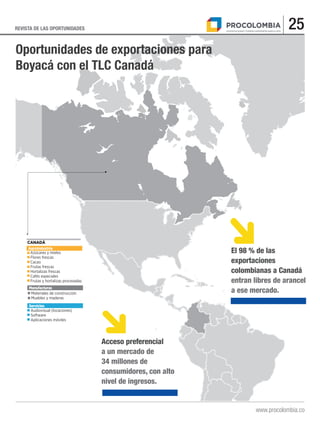 25
www.procolombia.co
Oportunidades de exportaciones para
Boyacá con el TLC Canadá
Acceso preferencial
a un mercado de
34 ...