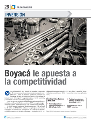 26
Facebook.com/PROCOLOMBIA@PROCOLOMBIACO
Boyacá le apuesta a
la competitividad
Las oportunidades para invertir en Boyacá ...