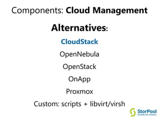 Components: Cloud Management
Alternatives:
CloudStack
OpenNebula
OpenStack
OnApp
Proxmox
Custom: scripts + libvirt/virsh
 