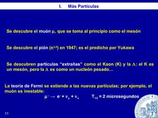 I. Más Partículas
11
Se descubre el muón µ, que se toma al principio como el mesón
Se descubre el pión (π±,0
) en 1947; es el predicho por Yukawa
Se descubren partículas “extrañas” como el Kaon (K) y la Λ: el K es
un mesón, pero la Λ es como un nucleón pesado…
La teoría de Fermi se extiende a las nuevas partículas; por ejemplo, el
muón es inestable:
µ−
→ e-
+ νµ + νe T1/2 ≈ 2 microsegundos
 