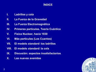 ÍNDICE
I. Ladrillos y cola
II. La Fuerza de la Gravedad
III. La Fuerza Electromagnética
IV. Primeras partículas. Teoría Cu...