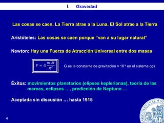 I. Gravedad
4
Las cosas se caen. La Tierra atrae a la Luna. El Sol atrae a la Tierra
Aristóteles: Las cosas se caen porque “van a su lugar natural”
Newton: Hay una Fuerza de Atracción Universal entre dos masas
G es la constante de gravitación ≈ 10-8
en el sistema cgs
Éxitos: movimientos planetarios (elipses keplerianas), teoría de las
mareas, eclipses …, predicción de Neptuno …
Aceptada sin discusión … hasta 1915
 
