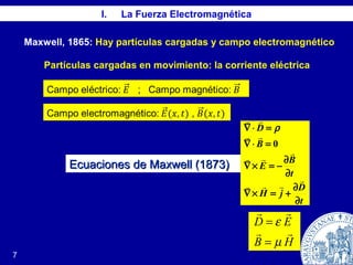 I. La Fuerza Electromagnética
7
Maxwell, 1865: Hay partículas cargadas y campo electromagnético
t
D
jH
t
B
E
B
D
∂
∂
+=×∇
∂
∂
−=×∇
=⋅∇
=⋅∇






0
ρ
Ecuaciones de Maxwell (1873)Ecuaciones de Maxwell (1873)
HB
ED


µ
ε
=
=
Partículas cargadas en movimiento: la corriente eléctrica
 