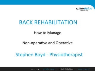  
How	
  to	
  Manage	
  
	
  
Non-­‐opera/ve	
  and	
  Opera/ve	
  
BACK	
  REHABILITATION	
  
Stephen	
  Boyd	
  -­‐	
  Physiotherapist	
  
 