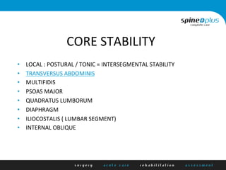 CORE	
  STABILITY	
  
•  LOCAL	
  :	
  POSTURAL	
  /	
  TONIC	
  =	
  INTERSEGMENTAL	
  STABILITY	
  
•  TRANSVERSUS	
  ABDOMINIS	
  
•  MULTIFIDIS	
  
•  PSOAS	
  MAJOR	
  
•  QUADRATUS	
  LUMBORUM	
  
•  DIAPHRAGM	
  
•  ILIOCOSTALIS	
  (	
  LUMBAR	
  SEGMENT)	
  
•  INTERNAL	
  OBLIQUE	
  
 