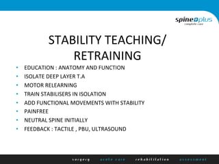 STABILITY	
  TEACHING/
RETRAINING	
  
•  EDUCATION	
  :	
  ANATOMY	
  AND	
  FUNCTION	
  
•  ISOLATE	
  DEEP	
  LAYER	
  T.A	
  
•  MOTOR	
  RELEARNING	
  
•  TRAIN	
  STABILISERS	
  IN	
  ISOLATION	
  
•  ADD	
  FUNCTIONAL	
  MOVEMENTS	
  WITH	
  STABILITY	
  
•  PAINFREE	
  	
  
•  NEUTRAL	
  SPINE	
  INITIALLY	
  
•  FEEDBACK	
  :	
  TACTILE	
  ,	
  PBU,	
  ULTRASOUND	
  
 