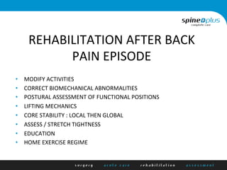 REHABILITATION	
  AFTER	
  BACK	
  
PAIN	
  EPISODE	
  
•  MODIFY	
  ACTIVITIES	
  
•  CORRECT	
  BIOMECHANICAL	
  ABNORMALITIES	
  
•  POSTURAL	
  ASSESSMENT	
  OF	
  FUNCTIONAL	
  POSITIONS	
  
•  LIFTING	
  MECHANICS	
  
•  CORE	
  STABILITY	
  :	
  LOCAL	
  THEN	
  GLOBAL	
  
•  ASSESS	
  /	
  STRETCH	
  TIGHTNESS	
  
•  EDUCATION	
  
•  HOME	
  EXERCISE	
  REGIME	
  
 