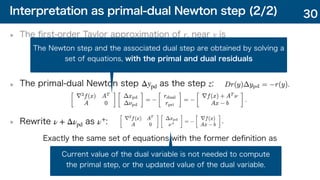 The ﬁrst-order Taylor approximation of , near is
The primal-dual Newton step as the step :
Rewrite as :
r y
Δypd z
ν + Δνpd ν+
30
where is the derivative of , evaluated at
Dr(y) ∈ R(n+p)×(n+p)
r y
Interpretation as primal-dual Newton step (2/2)
Exactly the same set of equations with the former deﬁnition as
The Newton step and the associated dual step are obtained by solving a
set of equations, with the primal and dual residuals
Current value of the dual variable is not needed to compute
the primal step, or the updated value of the dual variable.
 