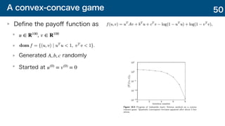 A convex-concave game
Deﬁne the payoﬀ function as
Generated randomly
Started at
u ∈ R100
, v ∈ R100
A, b, c
u(0)
= v(0)
= 0
50
 