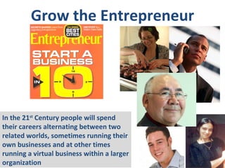 Grow the Entrepreneur In the 21 st  Century people will spend their careers alternating between two related worlds, sometimes running their own businesses and at other times running a virtual business within a larger organization 