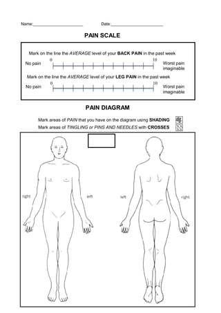 Name:______________________ Date:_______________________
PAIN DIAGRAM
Mark areas of PAIN that you have on the diagram using SHADING
Mark areas of TINGLING or PINS AND NEEDLES with CROSSES
PAIN SCALE
Mark on the line the AVERAGE level of your BACK PAIN in the past week
Mark on the line the AVERAGE level of your LEG PAIN in the past week
No pain Worst pain
imaginable
0 10
No pain Worst pain
imaginable
0 10
 