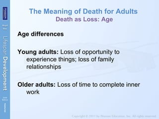 The Meaning of Death for Adults
Death as Loss: Age
Age differences
Young adults: Loss of opportunity to
experience things; loss of family
relationships
Older adults: Loss of time to complete inner
work
 