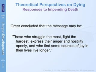 Theoretical Perspectives on Dying
Responses to Impending Death
Greer concluded that the message may be:
“Those who struggle the most, fight the
hardest, express their anger and hostility
openly, and who find some sources of joy in
their lives live longer.”
 
