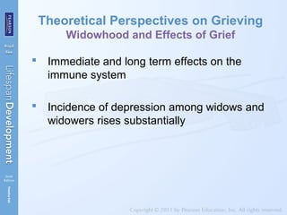 Theoretical Perspectives on Grieving
Widowhood and Effects of Grief
 Immediate and long term effects on the
immune system
 Incidence of depression among widows and
widowers rises substantially
 