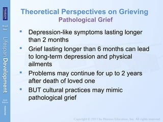 Theoretical Perspectives on Grieving
Pathological Grief
 Depression-like symptoms lasting longer
than 2 months
 Grief lasting longer than 6 months can lead
to long-term depression and physical
ailments
 Problems may continue for up to 2 years
after death of loved one
 BUT cultural practices may mimic
pathological grief
 