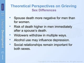 Theoretical Perspectives on Grieving
Sex Differences
 Spouse death more negative for men than
for women.
 Risk of death higher in men immediately
after a spouse’s death.
 Widowers withdraw in multiple ways.
 Alcohol use may influence depression.
 Social relationships remain important for
both sexes.
 