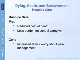 Dying, Death, and Bereavement
Hospice Care
Hospice Care
Pros
 Reduced cost of death
 Less burden on central caregiver
Cons
 Increased family worry about pain
management
 