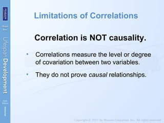 Limitations of Correlations
Correlation is NOT causality.
• Correlations measure the level or degree
of covariation between two variables.
• They do not prove causal relationships.
 