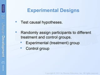 Experimental Designs
 Test causal hypotheses.
 Randomly assign participants to different
treatment and control groups.
 Experimental (treatment) group
 Control group
 