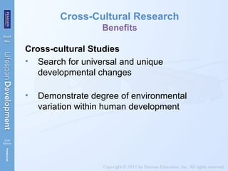 Cross-Cultural Research
Benefits
Cross-cultural Studies
• Search for universal and unique
developmental changes
• Demonstrate degree of environmental
variation within human development
 