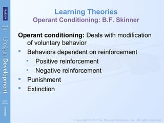 Learning Theories
Operant Conditioning: B.F. Skinner
Operant conditioning: Deals with modification
of voluntary behavior
 Behaviors dependent on reinforcement
• Positive reinforcement
• Negative reinforcement
 Punishment
 Extinction
 