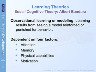 Learning Theories
Social Cognitive Theory: Albert Bandura
Observational learning or modeling: Learning
results from seeing a model reinforced or
punished for behavior.
Dependent on four factors:
 Attention
 Memory
 Physical capabilities
 Motivation
 