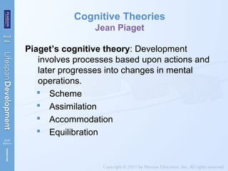 Cognitive Theories
Jean Piaget
Piaget’s cognitive theory: Development
involves processes based upon actions and
later progresses into changes in mental
operations.
 Scheme
 Assimilation
 Accommodation
 Equilibration
 