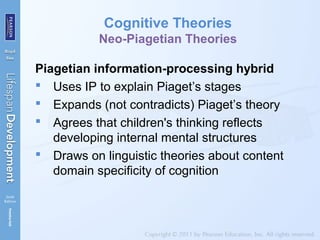 Cognitive Theories
Neo-Piagetian Theories
Piagetian information-processing hybrid
 Uses IP to explain Piaget’s stages
 Expands (not contradicts) Piaget’s theory
 Agrees that children's thinking reflects
developing internal mental structures
 Draws on linguistic theories about content
domain specificity of cognition
 