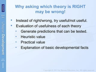 Why asking which theory is RIGHT
may be wrong!
 Instead of right/wrong, try useful/not useful.
 Evaluation of usefulness of each theory
• Generate predictions that can be tested.
• Heuristic value
• Practical value
• Explanation of basic developmental facts
 