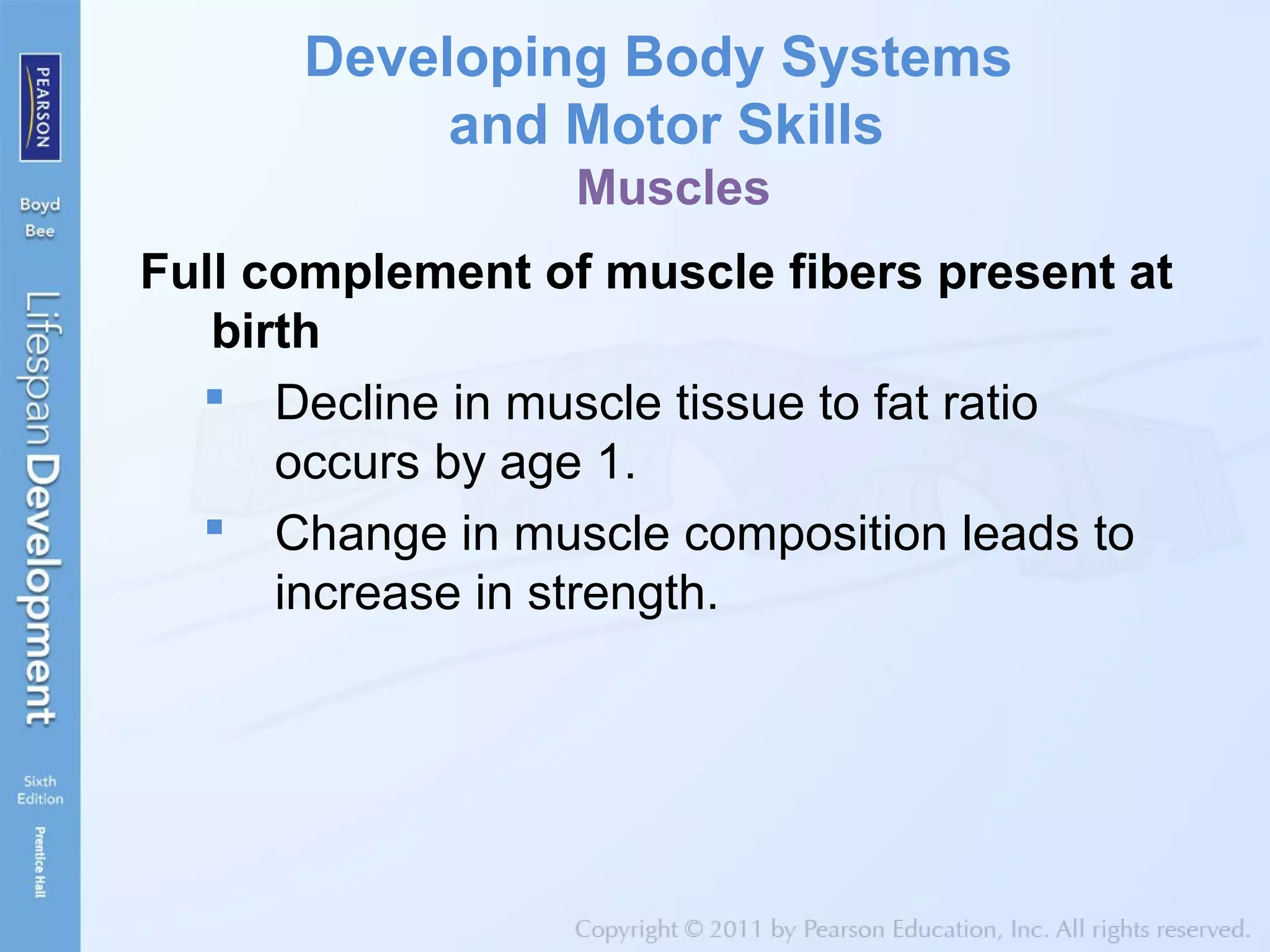 Developing Body Systems
and Motor Skills
Muscles
Full complement of muscle fibers present at
birth
 Decline in muscle tissue to fat ratio
occurs by age 1.
 Change in muscle composition leads to
increase in strength.
 