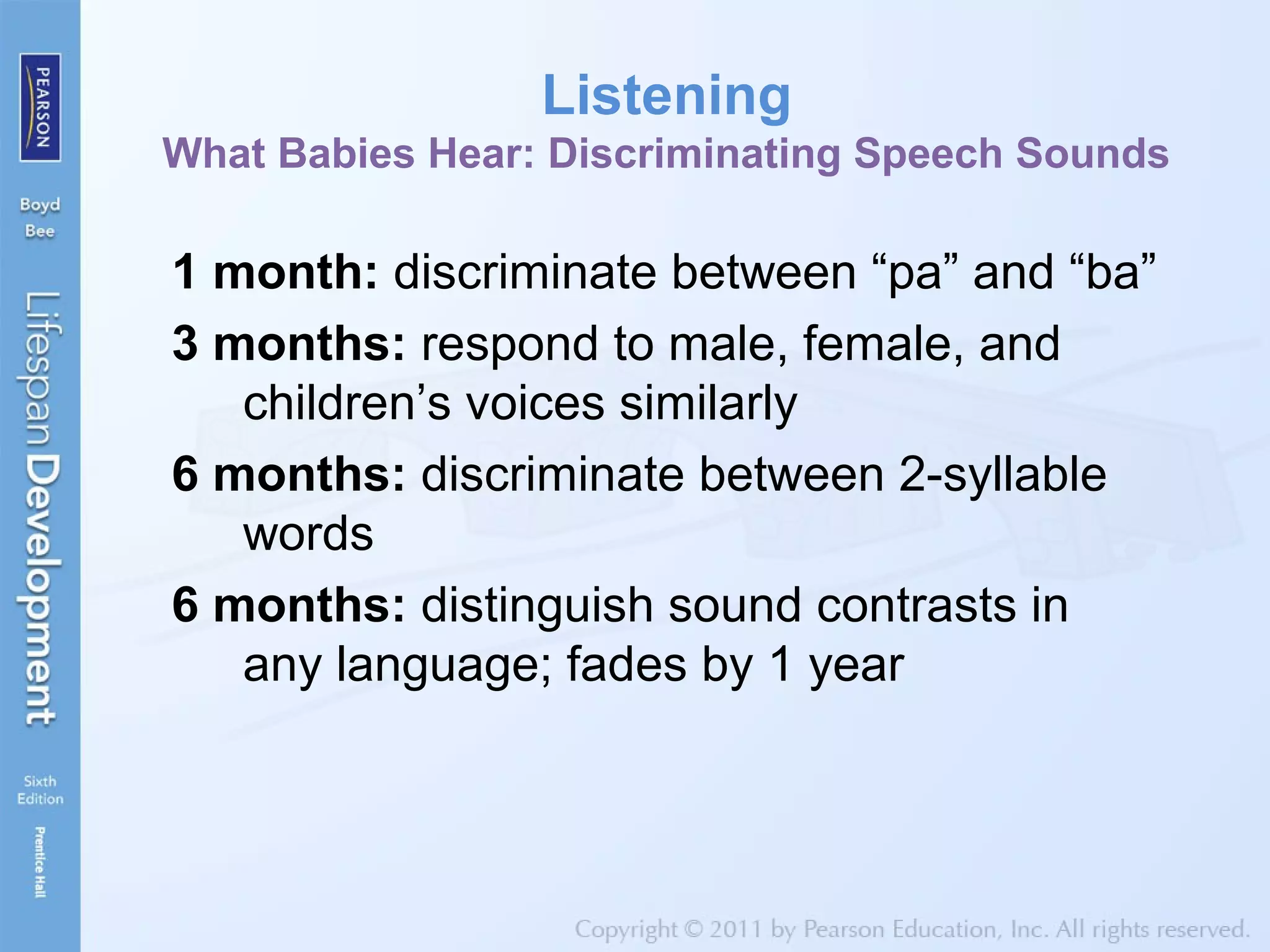 Listening
What Babies Hear: Discriminating Speech Sounds
1 month: discriminate between “pa” and “ba”
3 months: respond to male, female, and
children’s voices similarly
6 months: discriminate between 2-syllable
words
6 months: distinguish sound contrasts in
any language; fades by 1 year
 