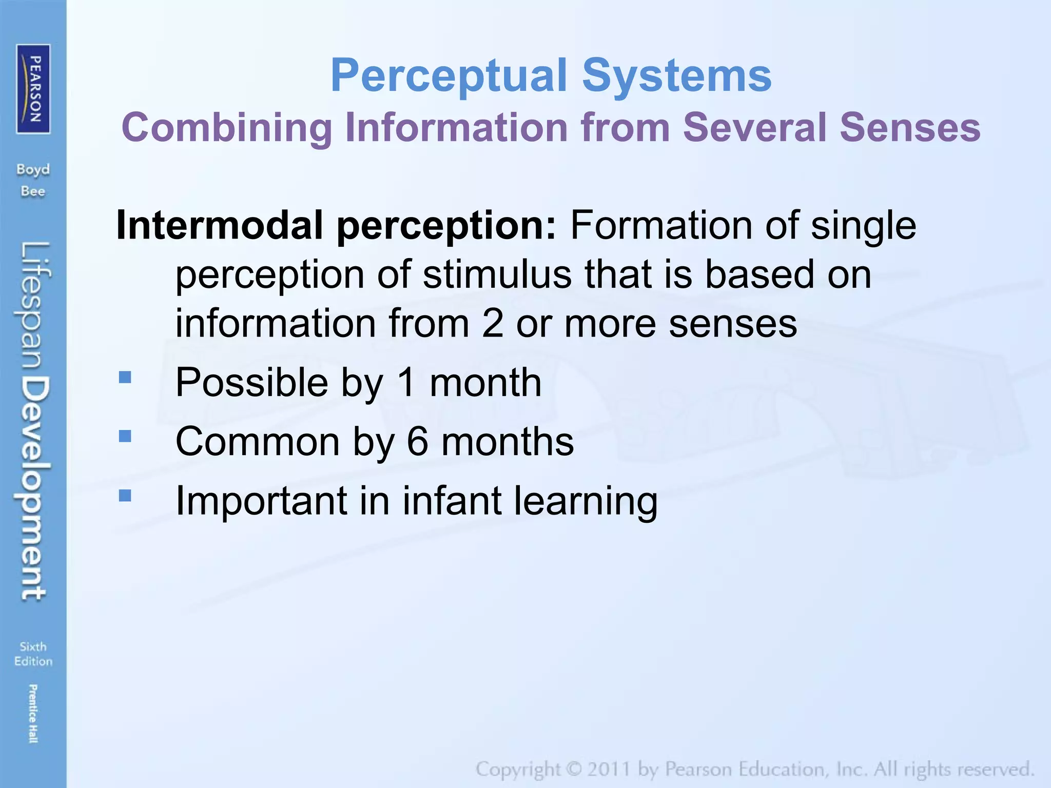 Perceptual Systems
Combining Information from Several Senses
Intermodal perception: Formation of single
perception of stimulus that is based on
information from 2 or more senses
 Possible by 1 month
 Common by 6 months
 Important in infant learning
 