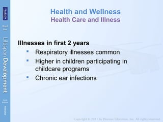 Health and Wellness
Health Care and Illness
Illnesses in first 2 years
 Respiratory illnesses common
 Higher in children participating in
childcare programs
 Chronic ear infections
 