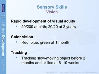 Sensory Skills
Vision
Rapid development of visual acuity
 20/200 at birth; 20/20 at 2 years
Color vision
 Red, blue, green at 1 month
Tracking
 Tracking slow-moving object before 2
months and skilled at 6–10 weeks
 