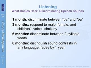 Listening
What Babies Hear: Discriminating Speech Sounds
1 month: discriminate between “pa” and “ba”
3 months: respond to male, female, and
children’s voices similarly
6 months: discriminate between 2-syllable
words
6 months: distinguish sound contrasts in
any language; fades by 1 year
 