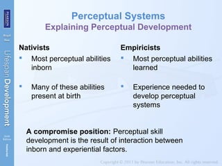 Perceptual Systems
Explaining Perceptual Development
Nativists
 Most perceptual abilities
inborn
 Many of these abilities
present at birth
Empiricists
 Most perceptual abilities
learned
 Experience needed to
develop perceptual
systems
A compromise position: Perceptual skill
development is the result of interaction between
inborn and experiential factors.
 