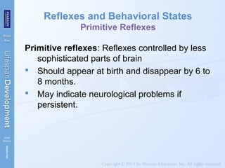 Reflexes and Behavioral States
Primitive Reflexes
Primitive reflexes: Reflexes controlled by less
sophisticated parts of brain
 Should appear at birth and disappear by 6 to
8 months.
 May indicate neurological problems if
persistent.
 