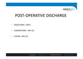 POST-OPERATIVE DISCHARGE
• DISCECTOMY : DAY 0
• LAMINECTOMY : DAY 1/2
• FUSION : DAY 2/4
 