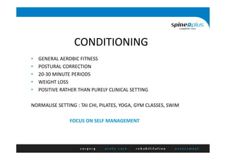CONDITIONING
• GENERAL AEROBIC FITNESS
• POSTURAL CORRECTION
• 20-30 MINUTE PERIODS
• WEIGHT LOSS
• POSITIVE RATHER THAN PURELY CLINICAL SETTING
NORMALISE SETTING : TAI CHI, PILATES, YOGA, GYM CLASSES, SWIM
FOCUS ON SELF MANAGEMENT
 