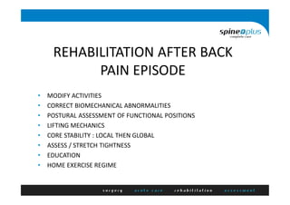 REHABILITATION AFTER BACK
PAIN EPISODE
• MODIFY ACTIVITIES
• CORRECT BIOMECHANICAL ABNORMALITIES
• POSTURAL ASSESSMENT OF FUNCTIONAL POSITIONS
• LIFTING MECHANICS
• CORE STABILITY : LOCAL THEN GLOBAL
• ASSESS / STRETCH TIGHTNESS
• EDUCATION
• HOME EXERCISE REGIME
 