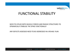 FUNCTIONAL STABILITY
NEED TO UTILISE BOTH MUSCLE FORCES AND PASSIVE STRUCTURES TO
DYNAMICALLY STABILISE THE SPINE FUNCTIONALLY
ANY DEFICITS ASSESSED NEED TO BE ADDRESSED IN A REHAB. PLAN
 