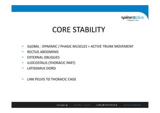 CORE STABILITY
• GLOBAL : DYNAMIC / PHASIC MUSCLES = ACTIVE TRUNK MOVEMENT
• RECTUS ABDOMINIS
• EXTERNAL OBLIQUES
• ILIOCOSTALIS (THORACIC PART)
• LATISSIMUS DORSI
• LINK PELVIS TO THORACIC CAGE
 