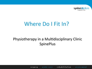  
Physiotherapy	
  in	
  a	
  Mul1disciplinary	
  Clinic	
  
SpinePlus	
  
Where	
  Do	
  I	
  Fit	
  In?	
  
 