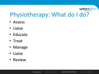 Physiotherapy:	
  What	
  do	
  I	
  do?	
  
•  Assess	
  
•  Liaise	
  
•  Educate	
  
•  Treat	
  
•  Manage	
  
•  Liaise	
  
•  Review	
  
	
  
 